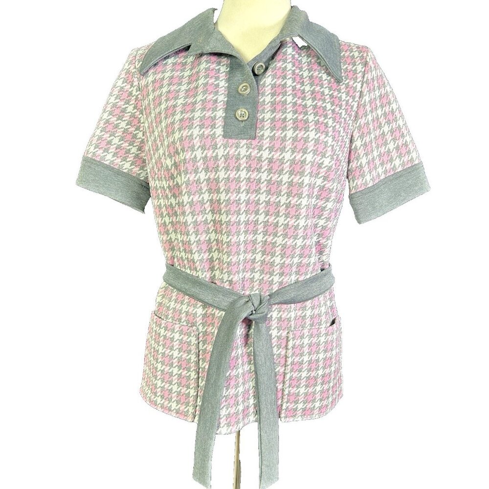 Vintage Union Mod 70s Top Shirt Women's Pink & Gray Houndstooth Collar